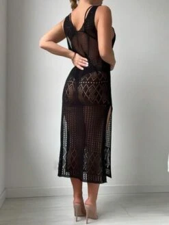 Hollow Out Split Thigh Cover Up Dress Without Bikini Set