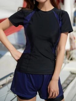 Colorblock Shorts Bikini Swimsuit With Short Sleeve