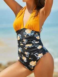 Floral Print Ruched Halter One Piece Swimsuit -Shein Clothing Store 1684726888e2de5677c4020c34e6cd4b798589c685 thumbnail 405x552