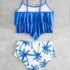 Tropical Print Ruffle Hem Ruched Bikini Swimsuit