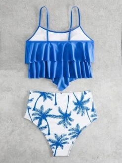 Tropical Print Ruffle Hem Ruched Bikini Swimsuit