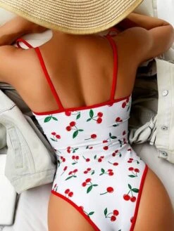 Cherry Print Tie Shoulder One Piece Swimsuit