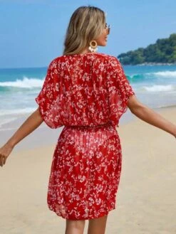 Ditsy Floral Print Batwing Sleeve Cover Up Dress