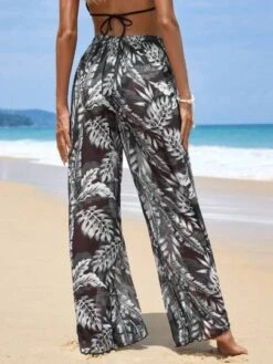 SHEIN Tropical Print Belted Wide Leg Pants