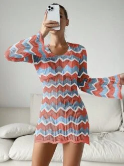 Chevron Pattern Backless Cover Up Dress Without Bikini Set