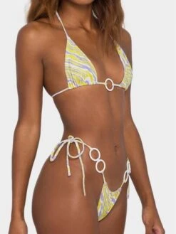 Allover Print Ring Linked Halter Triangle Bikini Swimsuit