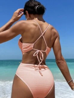 Plain Plunging Neck Backless One Piece Swimsuit