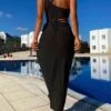 Cut Out Knot Side One Shoulder Slit Thigh Cover Up Dress Without Bikini