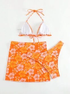 Floral Halter Triangle Bikini Swimsuit With Beach Skirt