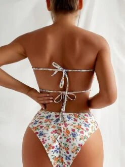 Ditsy Floral Print Frill Trim Bandeau One Piece Swimsuit