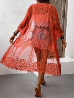 SHEIN VCAY Embroidery Mesh Batwing Sleeve Sheer Kimono