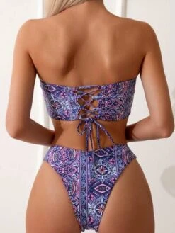 Tribal Print Bandeau High Cut Bikini Swimsuit