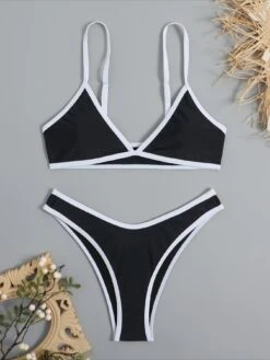 Contrast Binding Triangle High Cut Bikini Swimsuit