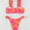 Allover Print Frill Trim Drawstring Bikini Swimsuit