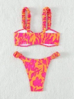 Allover Print Frill Trim Drawstring Bikini Swimsuit