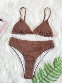 European And American 2023 New Sexy Bikini Swimsuit Two-piece Set Ladies Solid Color Thin Split High Leg Swimsuit