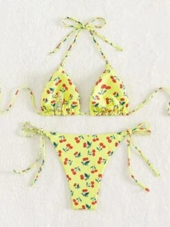 Cherry Print Halter Triangle Bikini Swimsuit