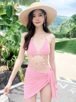 Floral Flocked Bikini Set Flower Beaded Halter Triangle Bra & Tie Side Bottom & Beach Skirt 3 Piece Bathing Suit -Shein Clothing Store 168895320814ab5e59d6f4f4d3d1539408046c7fe3 thumbnail 405x552