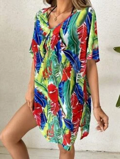 Tropical Print V Neck Batwing Sleeve Knot Front Cover Up Dress -Shein Clothing Store 16890413885e1e83075f4bd63f957242a51302374f thumbnail 405x552