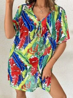 Tropical Print V Neck Batwing Sleeve Knot Front Cover Up Dress -Shein Clothing Store 16890413928e4d4c50ebf2ae0f6f27955a8248a8b6 thumbnail 405x552