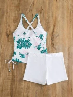 Floral Print Criss Cross Drawstring Side Bikini Swimsuit