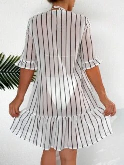 SHEIN Striped Print Flounce Sleeve Ruffle Hem Cover Up Dress