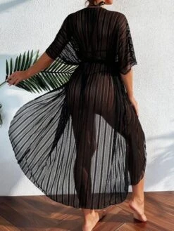 Striped Mesh Belted Kimono