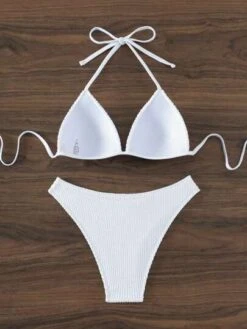 Solid Halter Triangle Bikini Swimsuit