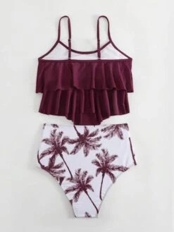 Palm Tree Print Ruffle Hem Bikini Swimsuit