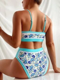 Floral Print Contrast Binding Bikini Swimsuit