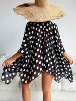 Polka Dot Print Batwing Sleeve Open Front Kimono