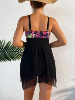 Tropical Print Contrast Mesh Bikini Swimsuit