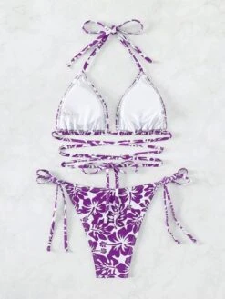 Allover Floral Print Lace Up Bikini Swimsuit