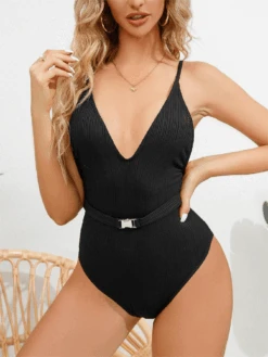 2023 Women's One Piece Swimsuit With Solid Color & Texture Feel, Belted And Buckled, Bikini -Shein Clothing Store 169072000675cdf1fc72e08d986498e5a318afd86b