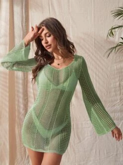 Tie Backless Trumpet Sleeve Open Knit Cover Up Dress Without Bikini -Shein Clothing Store 169076637655905f75c3d3cab4ebe3bf299c76025b thumbnail 405x552