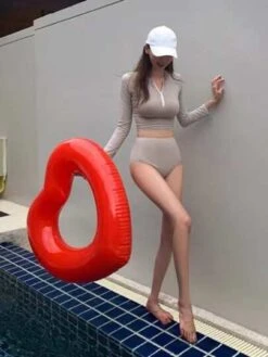 Solid Color Ins Style Long Sleeve Two-piece Swimsuit Set For Women