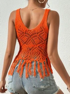 SHEIN VCAY Fringe Hem Hollow Out Cover Up Top